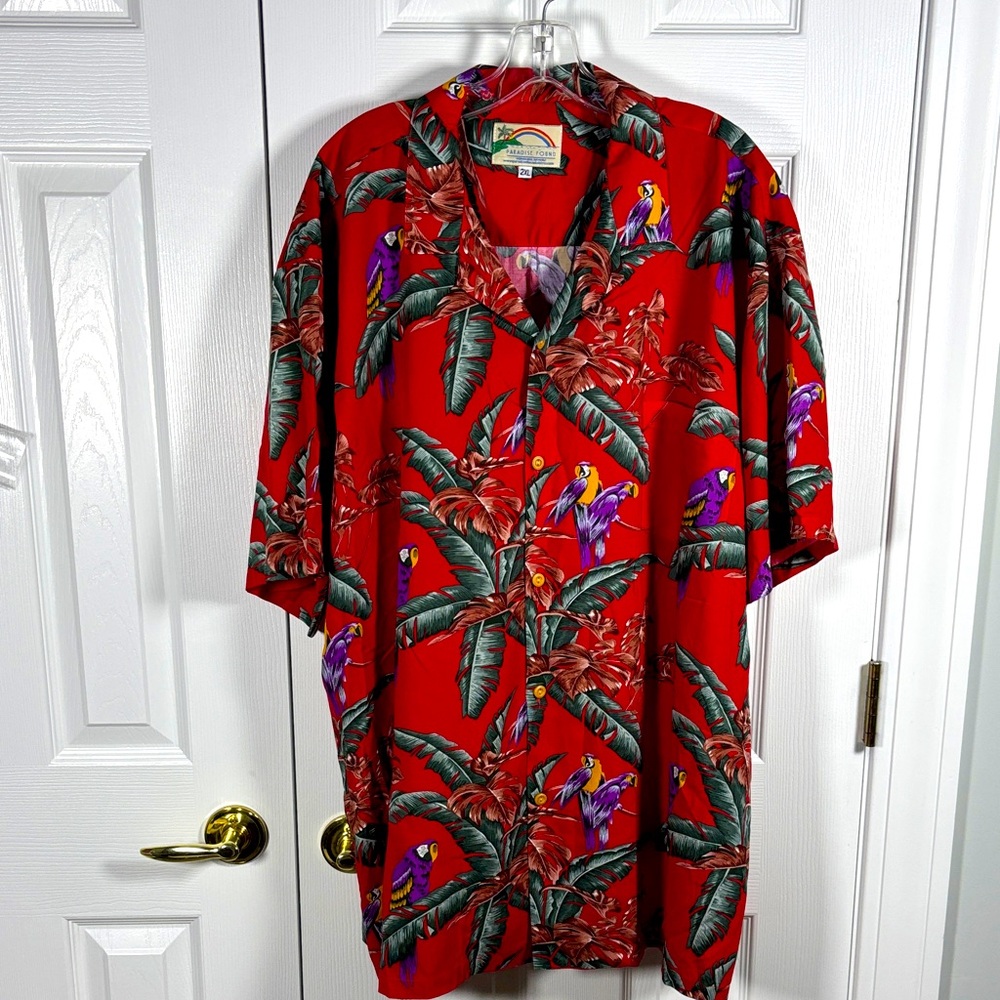 Paradise Found Mens Hawaiian Shirt Tropical Jungle Parrots Red Magnum PI 2XL